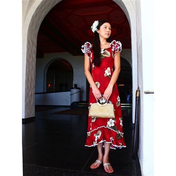 NWT Pacific Legend Hibiscus Red & White Hawaiian Ruffle Long Muumuu Dress XL - Picture 3 of 16